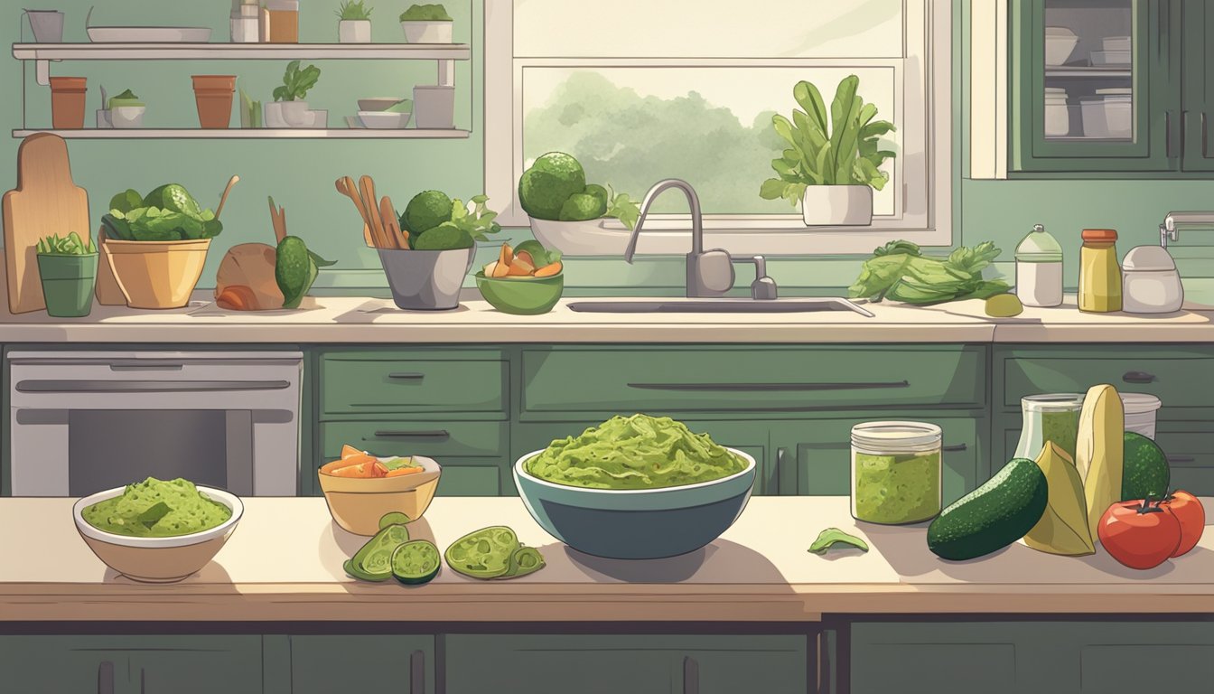 A bowl of guacamole sits on a kitchen counter next to an open refrigerator. The guacamole is surrounded by various food items, emphasizing the importance of proper storage