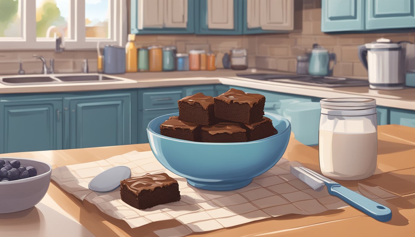 A bowl of brownie batter sits on a kitchen counter, surrounded by ingredients and a refrigerator in the background