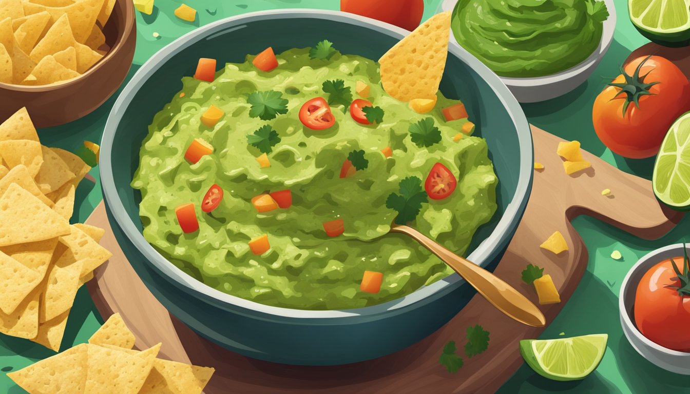 A bowl of leftover guacamole sits on a table with tortilla chips scattered around. The vibrant green dip is surrounded by sliced vegetables and a spoon