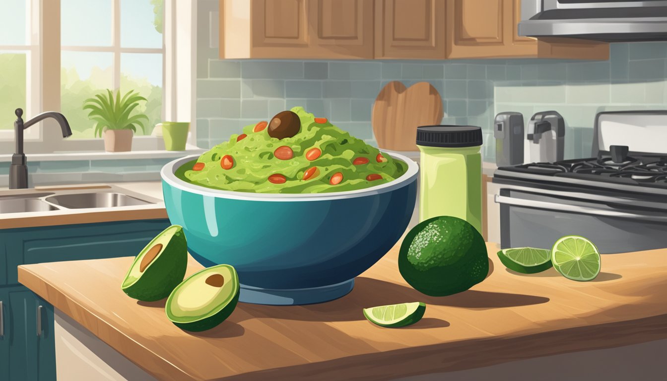 A bowl of guacamole sits on a kitchen counter, surrounded by ripe avocados, a lime, and a salt shaker. A refrigerator is visible in the background