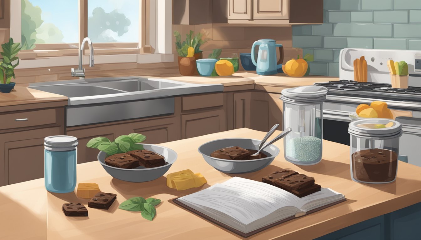 A bowl of brownie batter sits on a kitchen counter, surrounded by ingredients and a recipe book. A refrigerator door stands open nearby