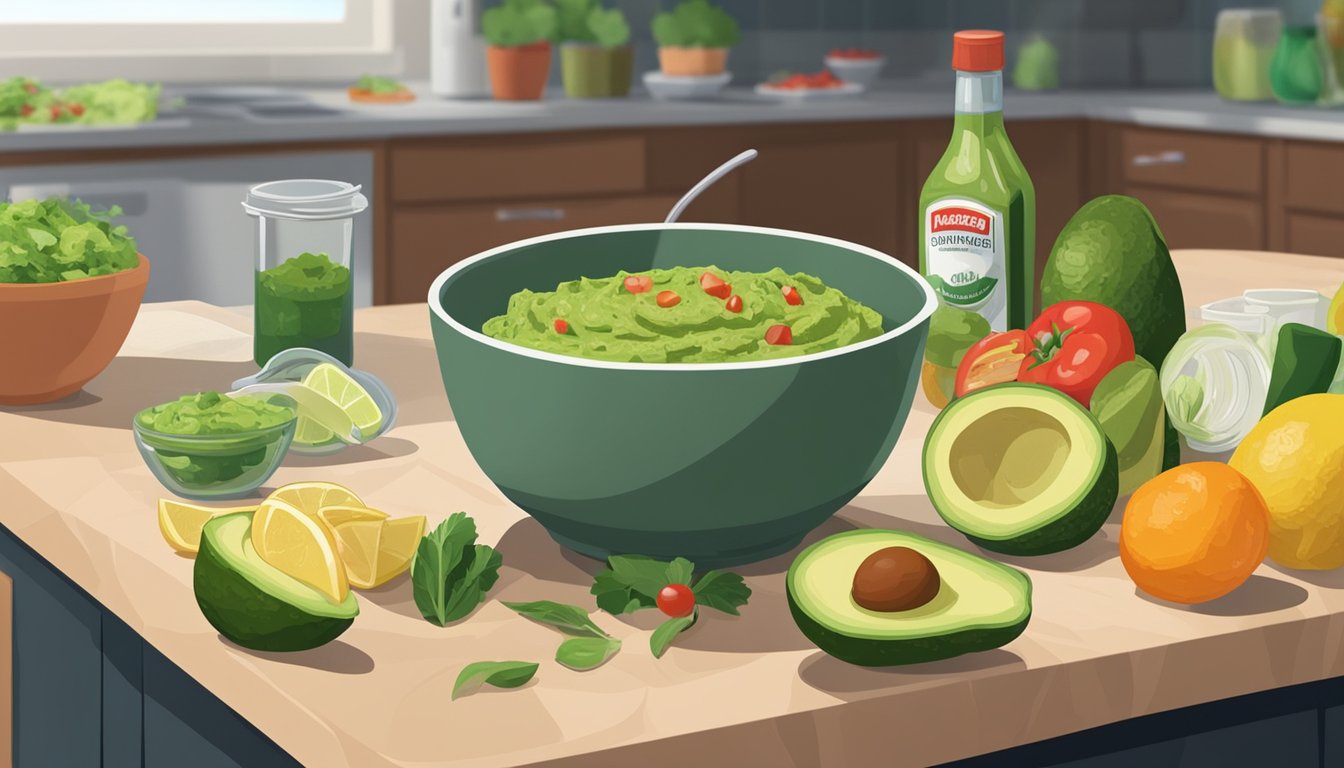 A bowl of guacamole sits on a kitchen counter, next to an open refrigerator. The guacamole is surrounded by various ingredients and utensils