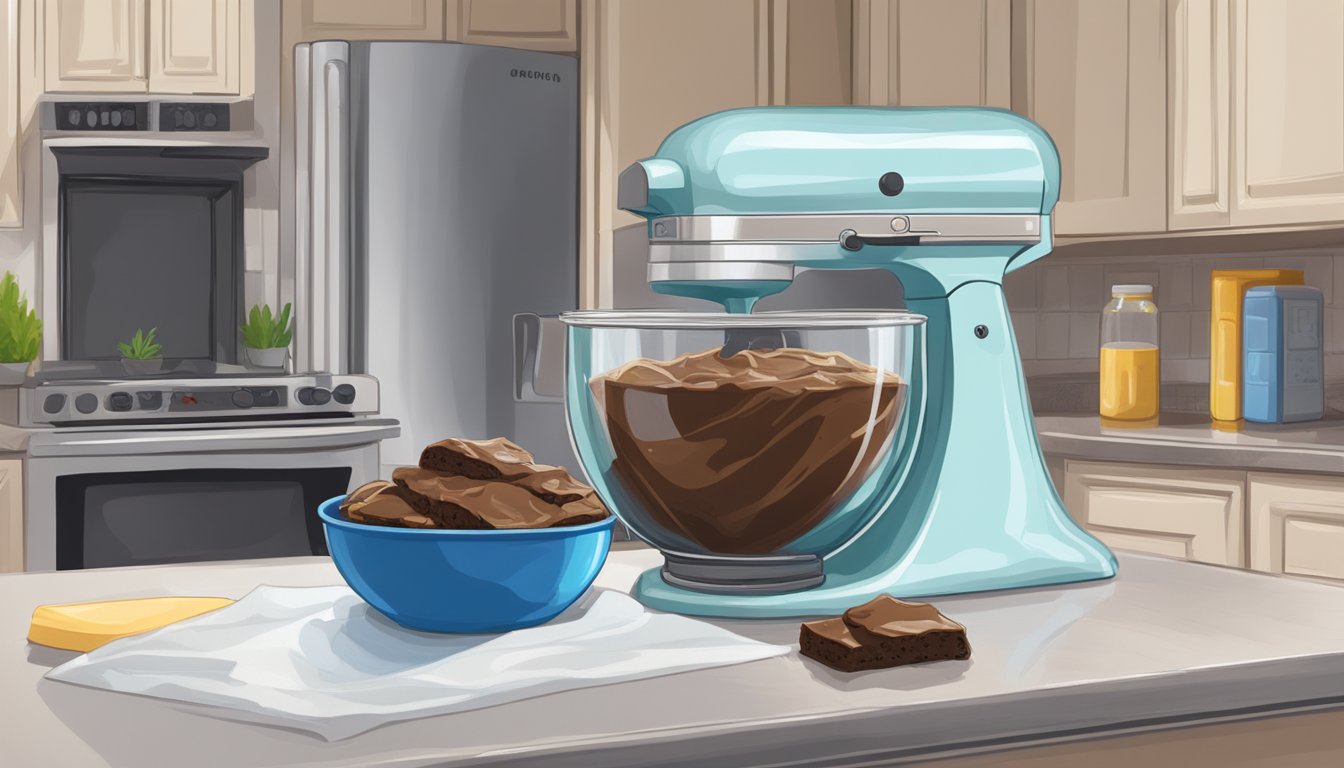 A batch of brownie batter sits in a mixing bowl on a kitchen counter, covered with plastic wrap. A refrigerator is visible in the background