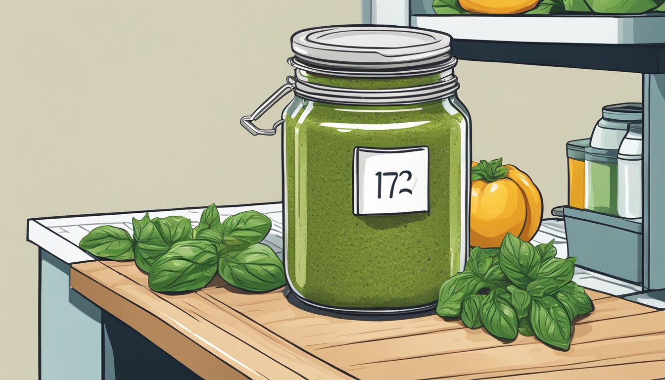 A jar of pesto sits on a kitchen counter next to a refrigerator, with a question mark hovering above it