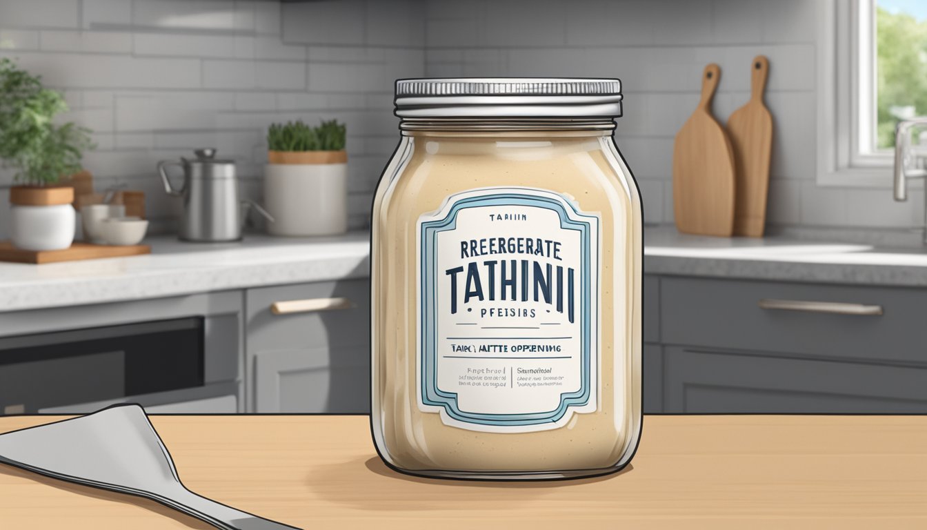 A jar of tahini sits on a kitchen counter, with a label that says "Refrigerate after opening" visible