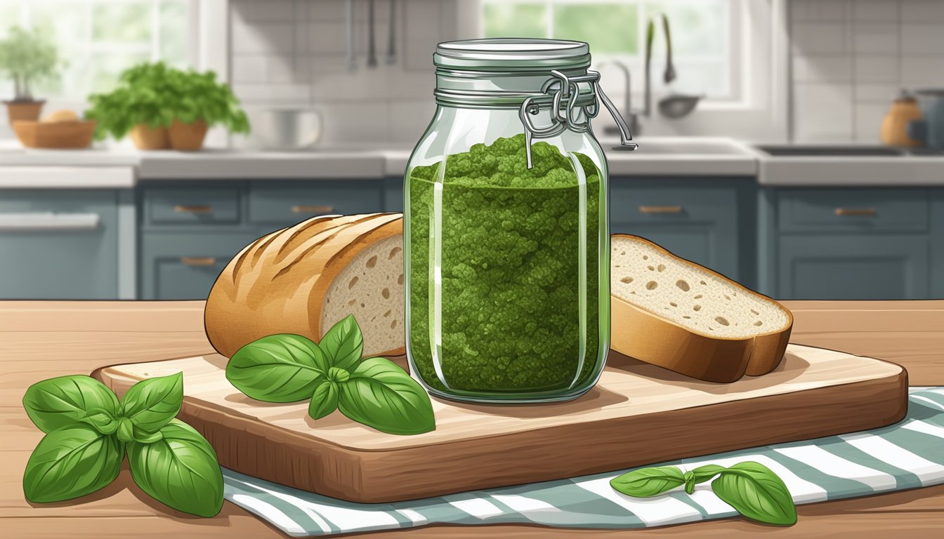 A jar of pesto sits on a kitchen counter next to a loaf of bread and a cutting board with fresh basil leaves