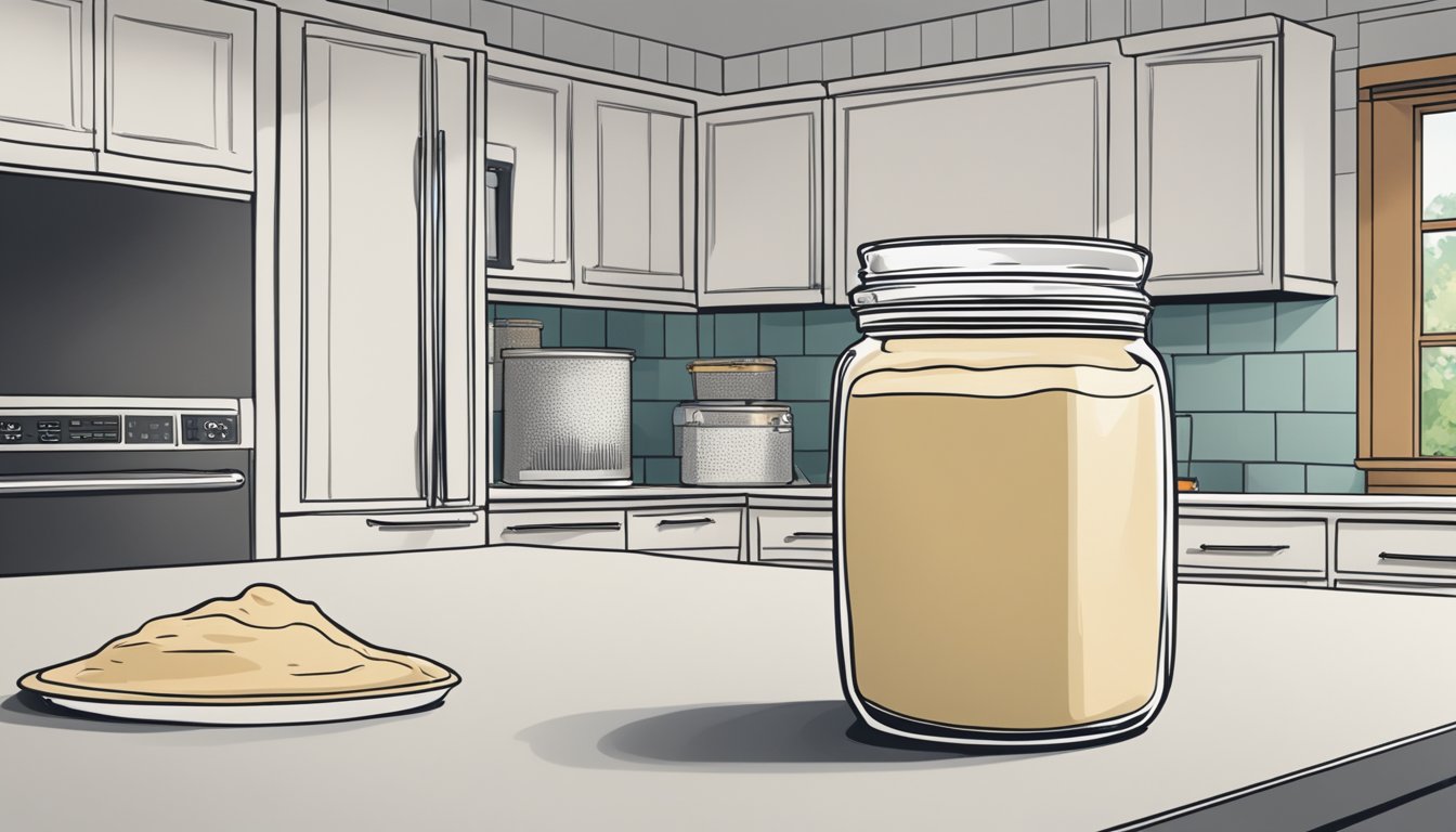 A jar of tahini sits on a kitchen counter, with a refrigerator in the background. The debate over whether to refrigerate it or not is visually represented