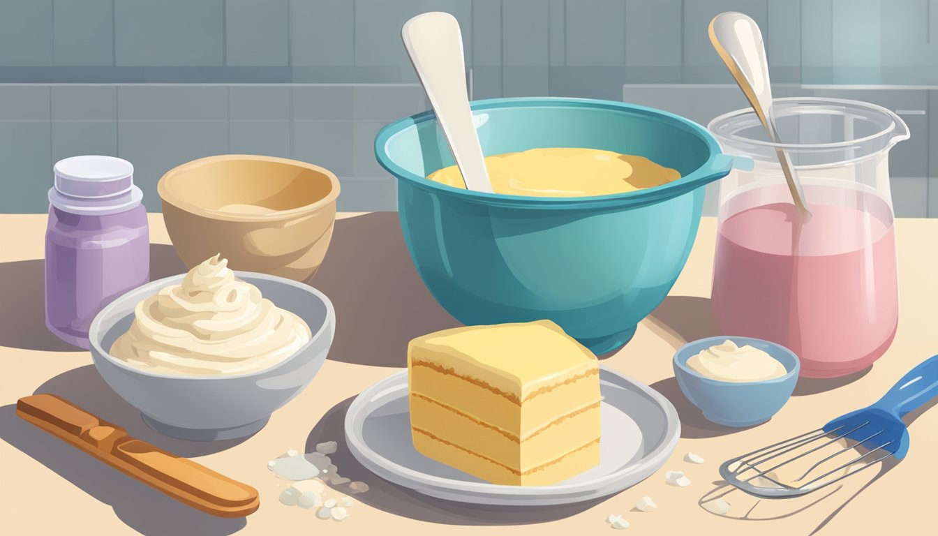 A mixing bowl filled with cake batter sits on a kitchen counter next to a measuring cup and spoon. Ingredients and a recipe book are scattered nearby