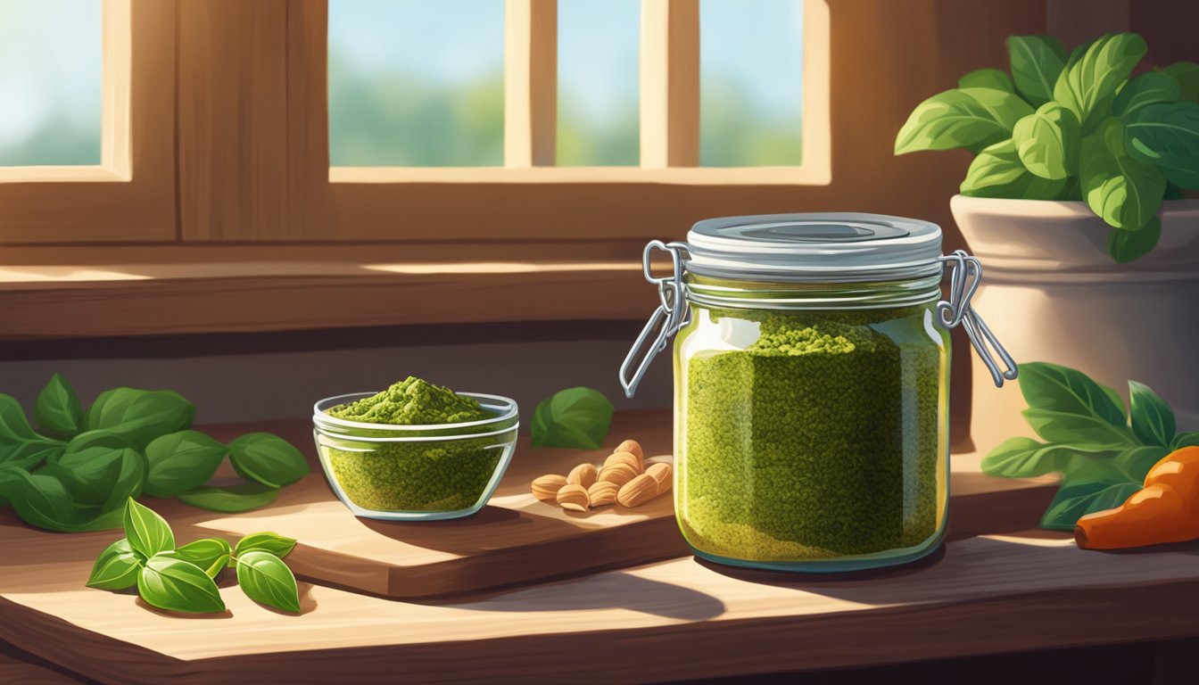 A jar of pesto sits on a wooden shelf next to a row of assorted herbs and spices. The sunlight filters through a nearby window, casting a warm glow on the scene