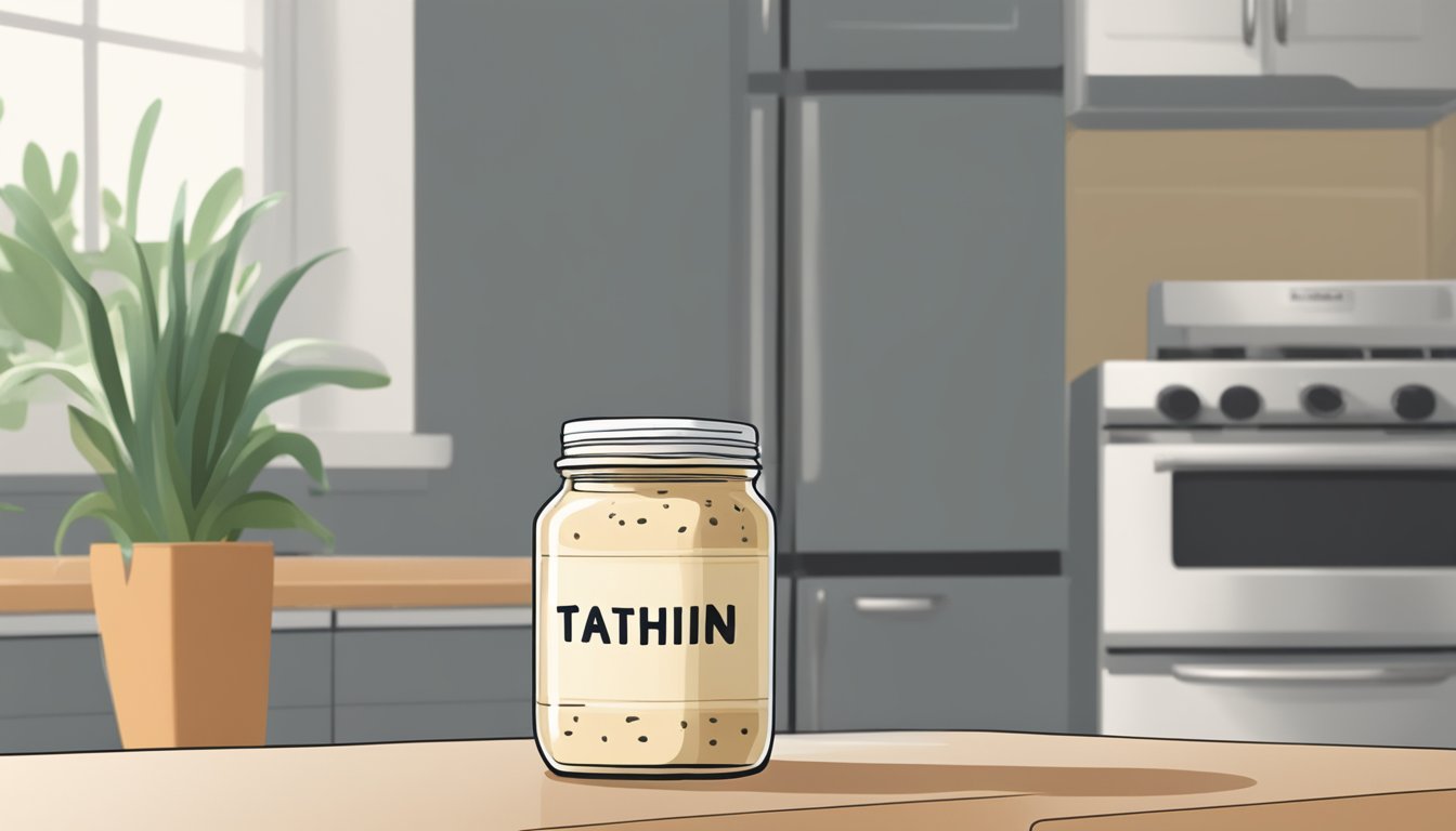 A jar of tahini sits on a kitchen counter next to a refrigerator, with a question mark floating above it