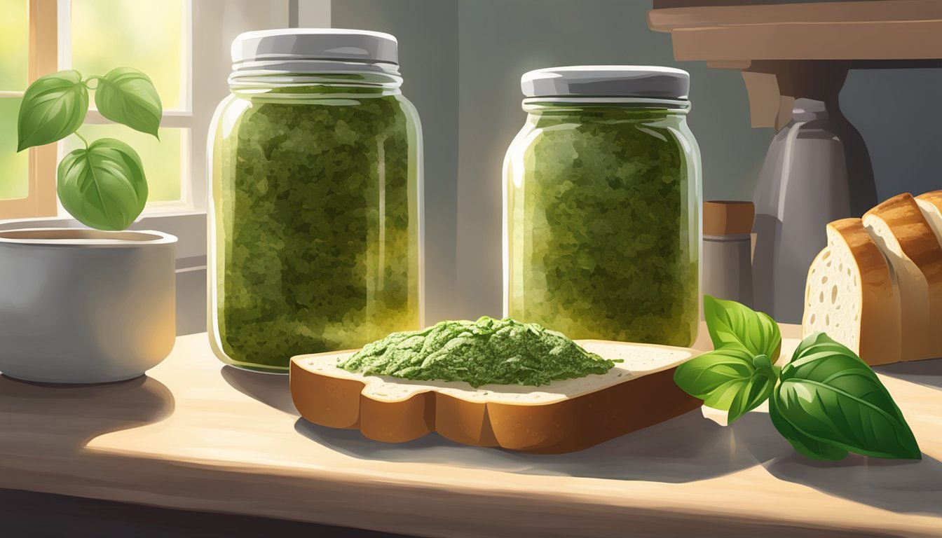 A jar of pesto sits on a kitchen counter next to a loaf of bread and a cutting board with fresh basil leaves. The sunlight streams through the window, casting a warm glow on the scene