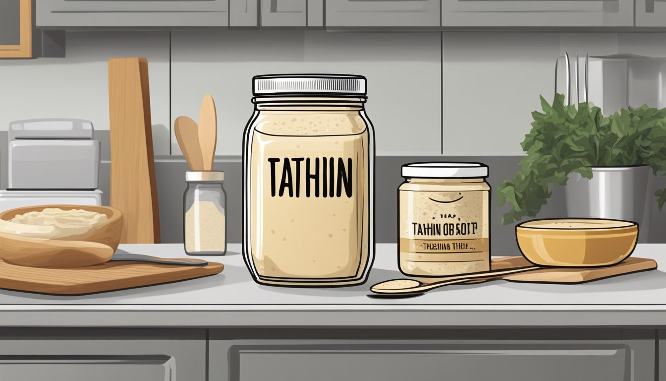 A jar of tahini sits on a kitchen counter next to a refrigerator. The lid is open, and a spoon rests inside