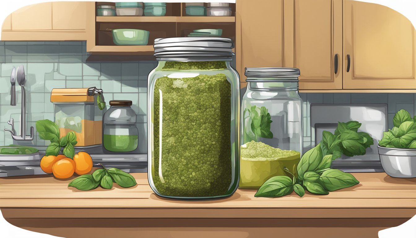 A jar of pesto sits on a kitchen counter, surrounded by various ingredients and utensils. The refrigerator door is open, with a question mark hovering above it