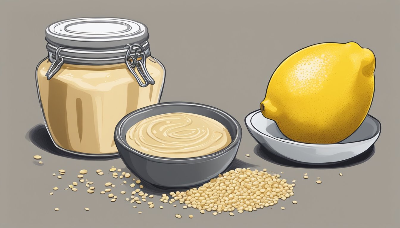 A jar of tahini sits on a kitchen counter, surrounded by sesame seeds, a lemon, and a small bowl of olive oil