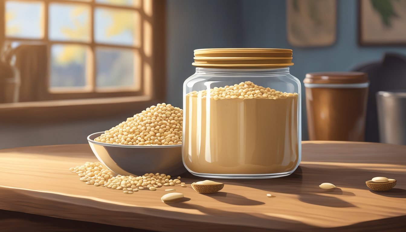 A jar of tahini sits on a rustic wooden table, surrounded by sesame seeds and a freshly cracked open sesame pod. Sunlight streams in from a nearby window, casting a warm glow on the scene