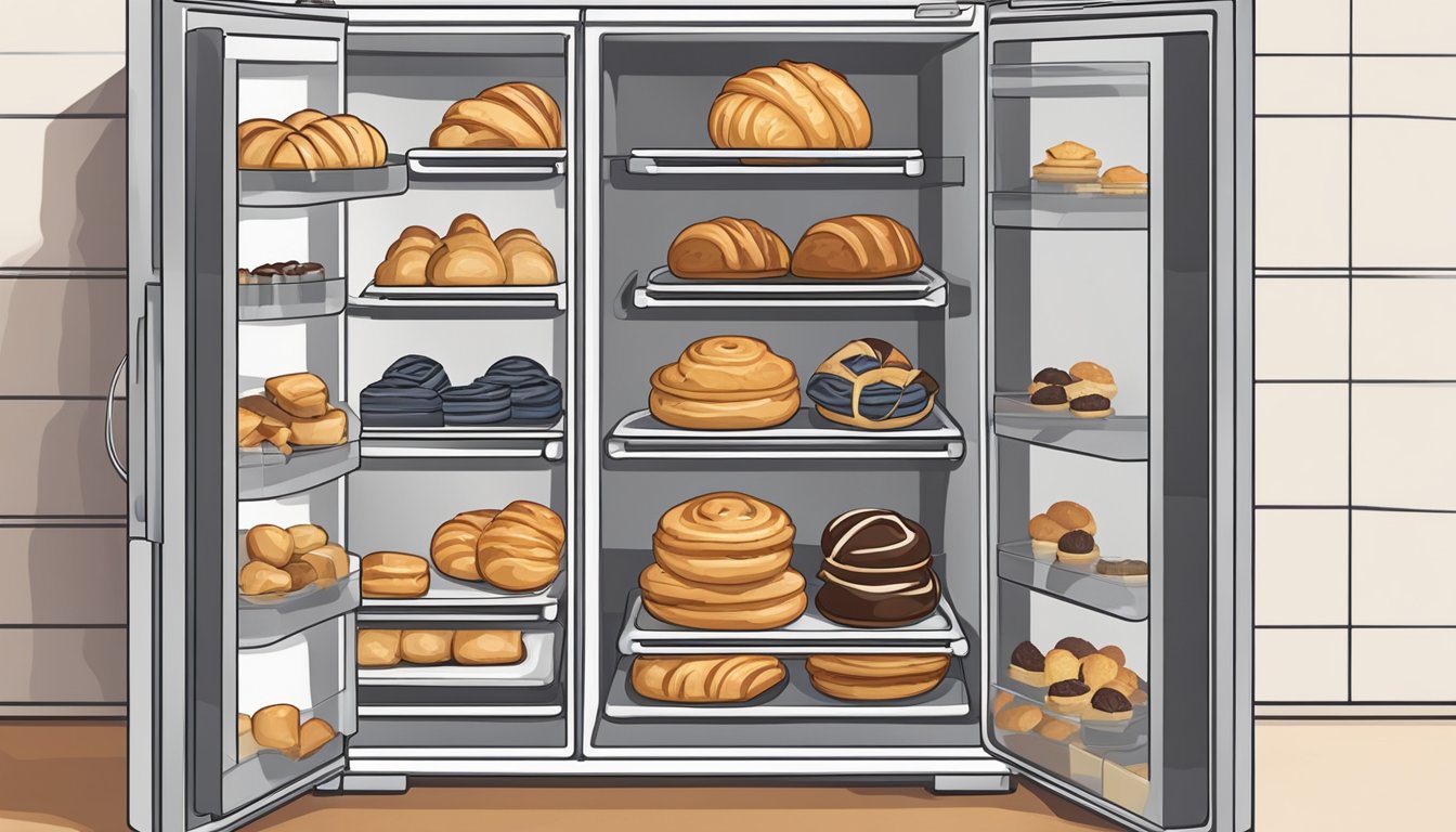 A variety of pastries, including croissants and puff pastries, sit on a cooling rack next to a refrigerator