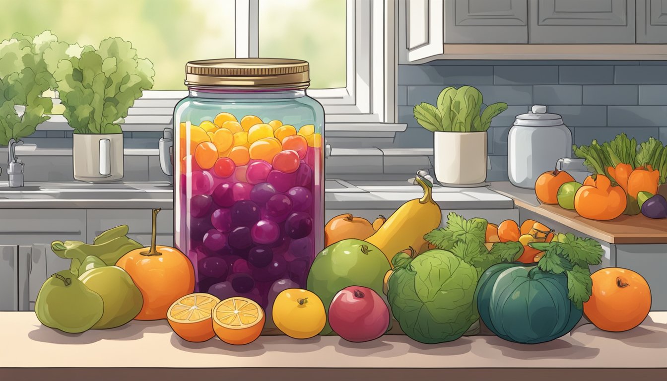 A jar of jelly sits on a kitchen counter, surrounded by various fruits and vegetables. The room temperature is warm, indicating no need for refrigeration