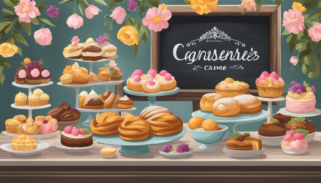 A variety of pastries on a table, with some in a glass display case and others on a platter, surrounded by decorative elements like flowers and a chalkboard sign