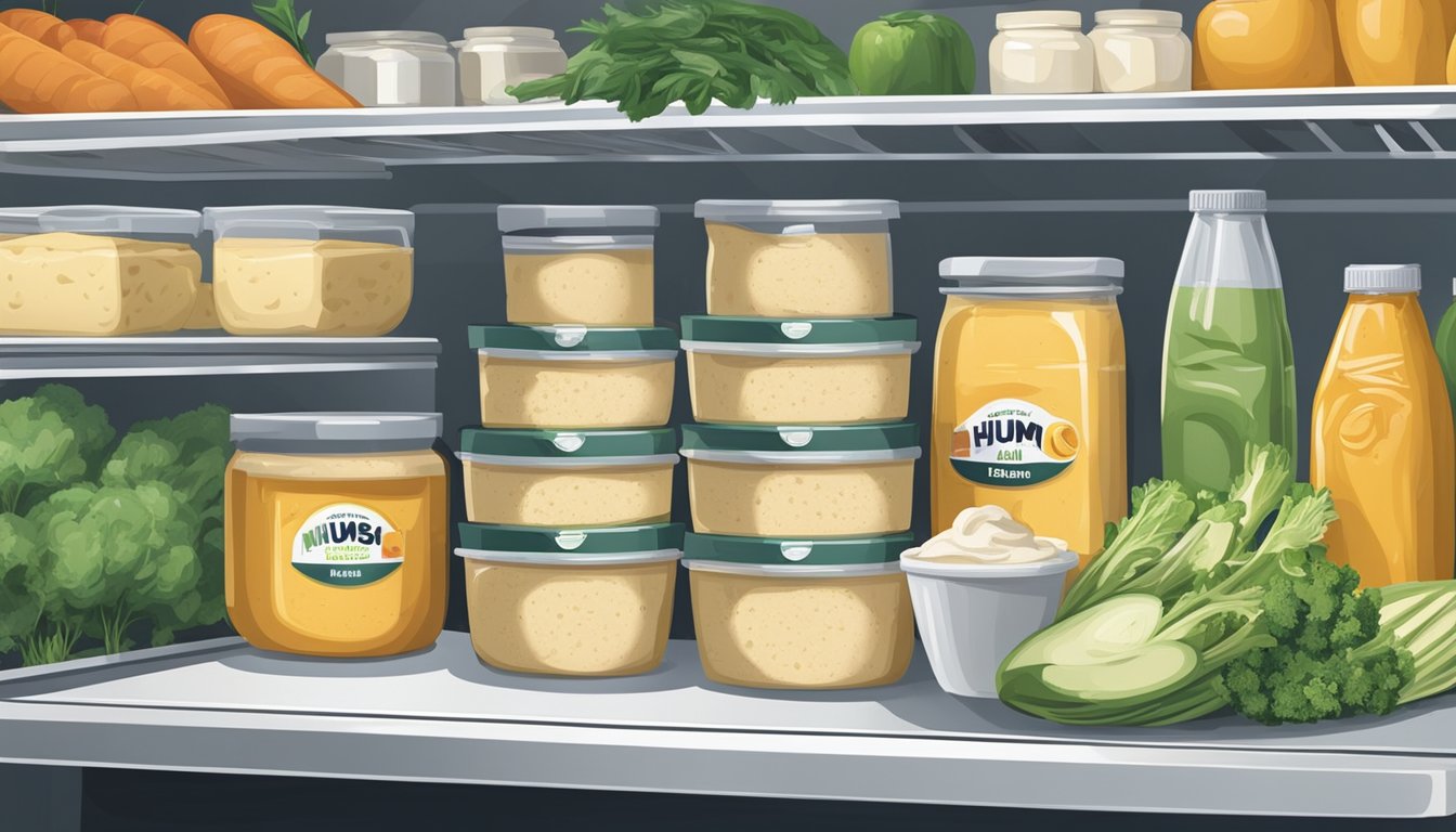 A container of hummus sits on a refrigerator shelf next to other chilled items like vegetables and dairy products. The cool air keeps the hummus fresh and safe to eat