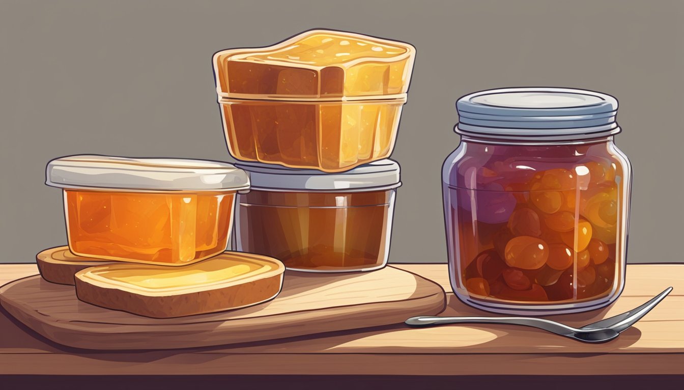 A jar of jelly sits on a kitchen counter next to a loaf of bread. The lid is slightly ajar, and a small spoon rests on the edge of the jar