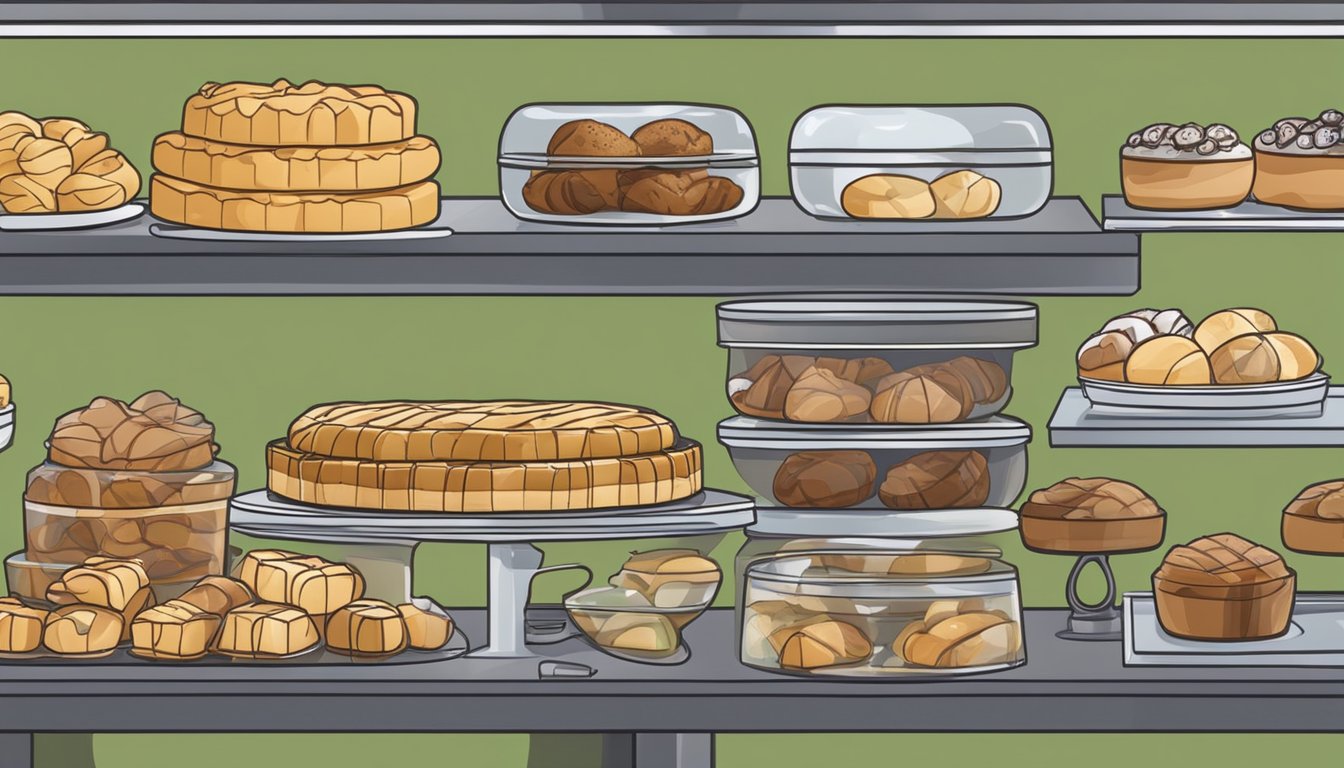 A variety of pastries displayed on a kitchen counter, with a few wrapped in plastic and stored in the refrigerator