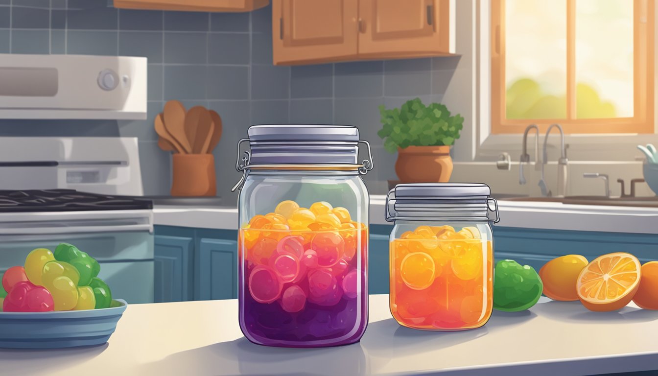 A jar of open jelly sits on a kitchen counter next to a refrigerator. The door of the refrigerator is slightly ajar, indicating that the jelly should be refrigerated after opening