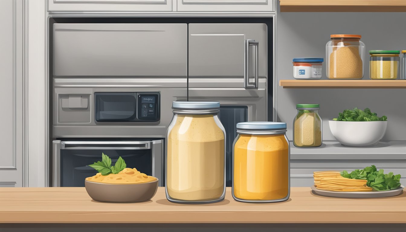 A jar of hummus sits on a kitchen counter next to a sealed container. The refrigerator door is open, revealing a shelf with other containers of food