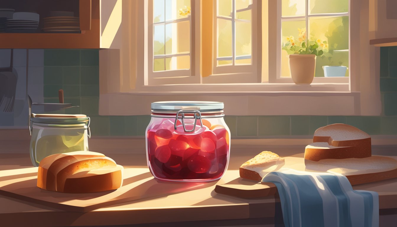 A jar of jelly sits on a kitchen counter next to a loaf of bread and a knife. The sun streams in through a nearby window, casting a warm glow on the scene