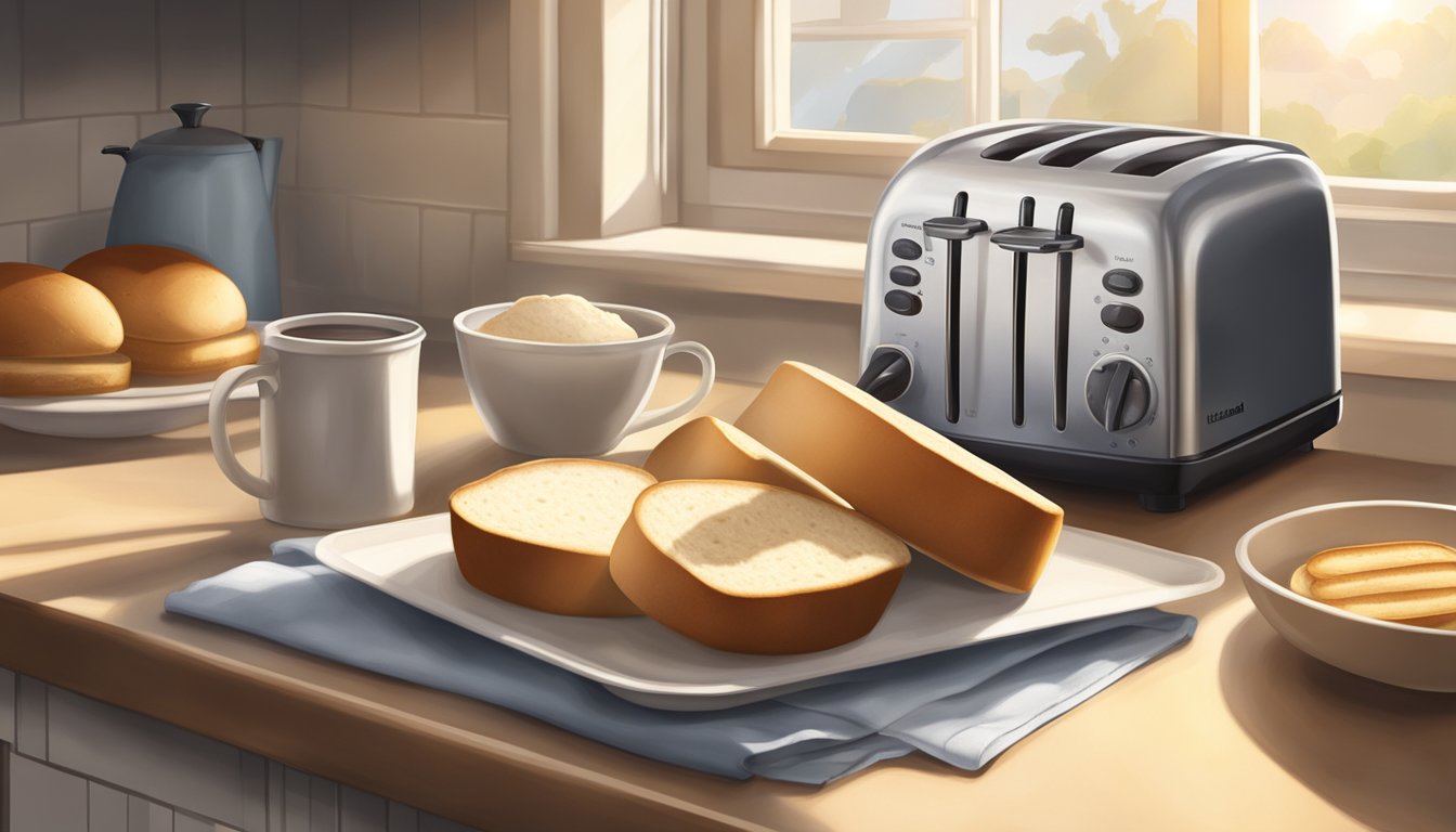 An open package of English muffins sits on a kitchen counter, next to a loaf of bread and a toaster. The morning sunlight streams in through the window, casting a warm glow over the scene