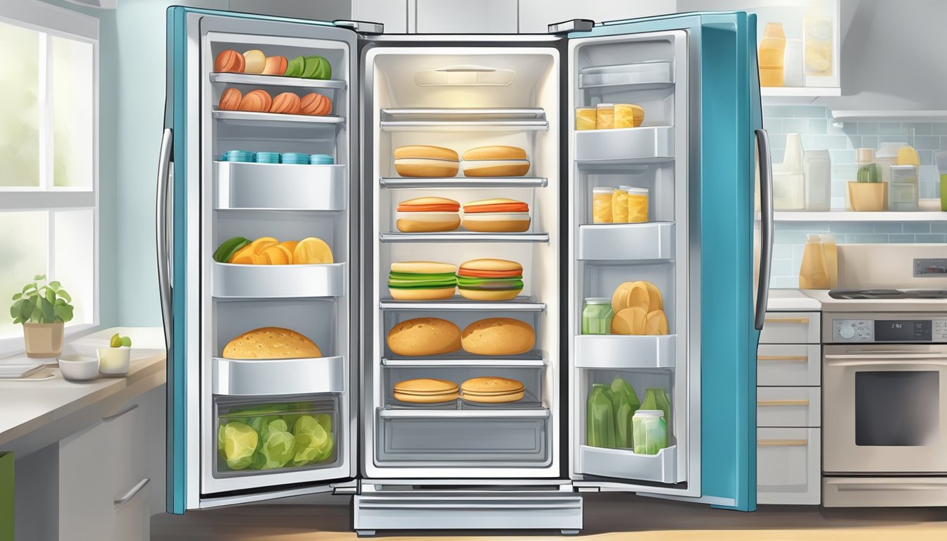 A refrigerator with English muffins inside, surrounded by cool air and a sense of freshness