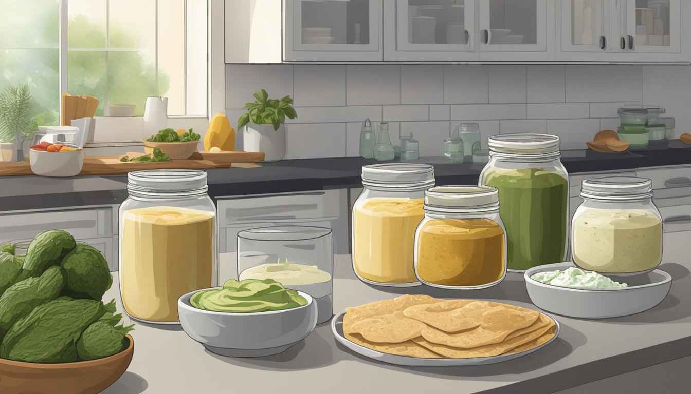 A jar of hummus sits on a kitchen counter next to various alternative spreads like avocado and tzatziki. The refrigerator door is slightly ajar