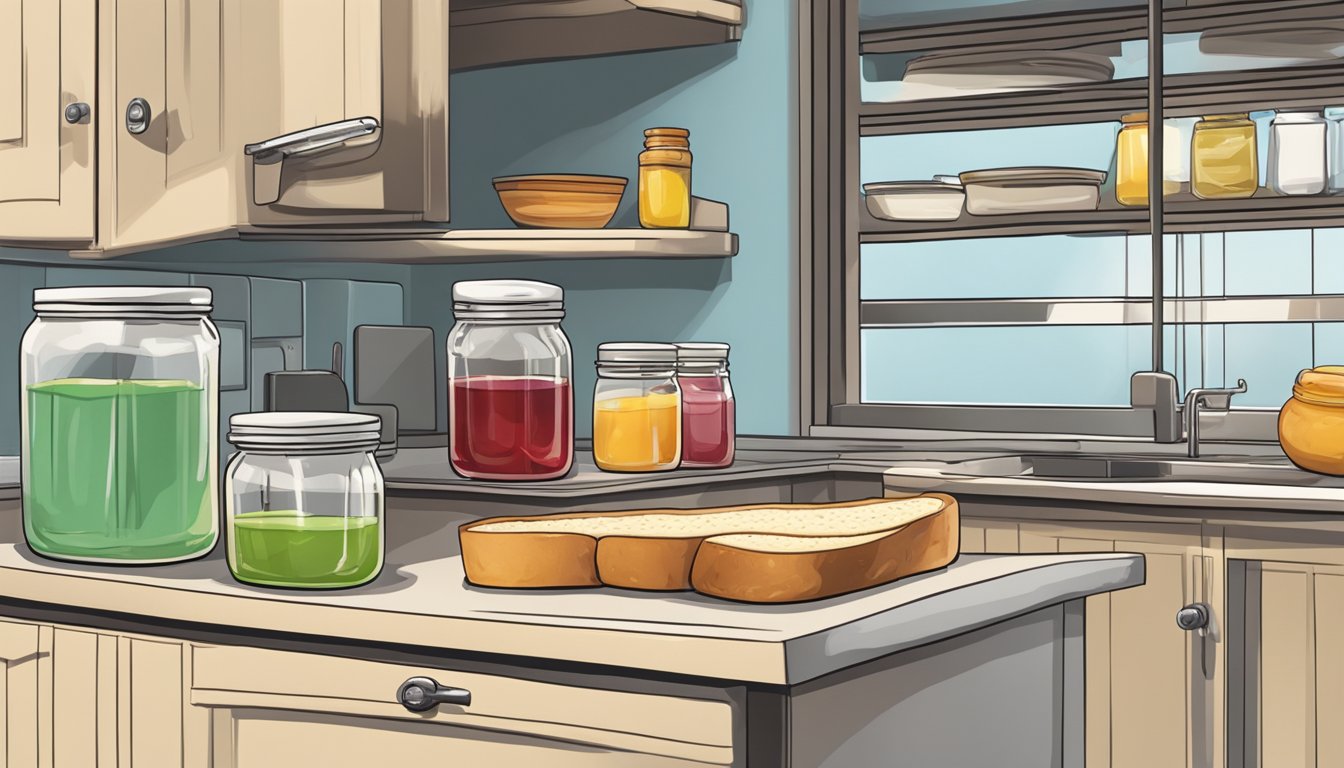 A jar of jelly sits on a kitchen counter, next to a loaf of bread and a butter knife. The refrigerator door is open, with a shelf full of condiments inside