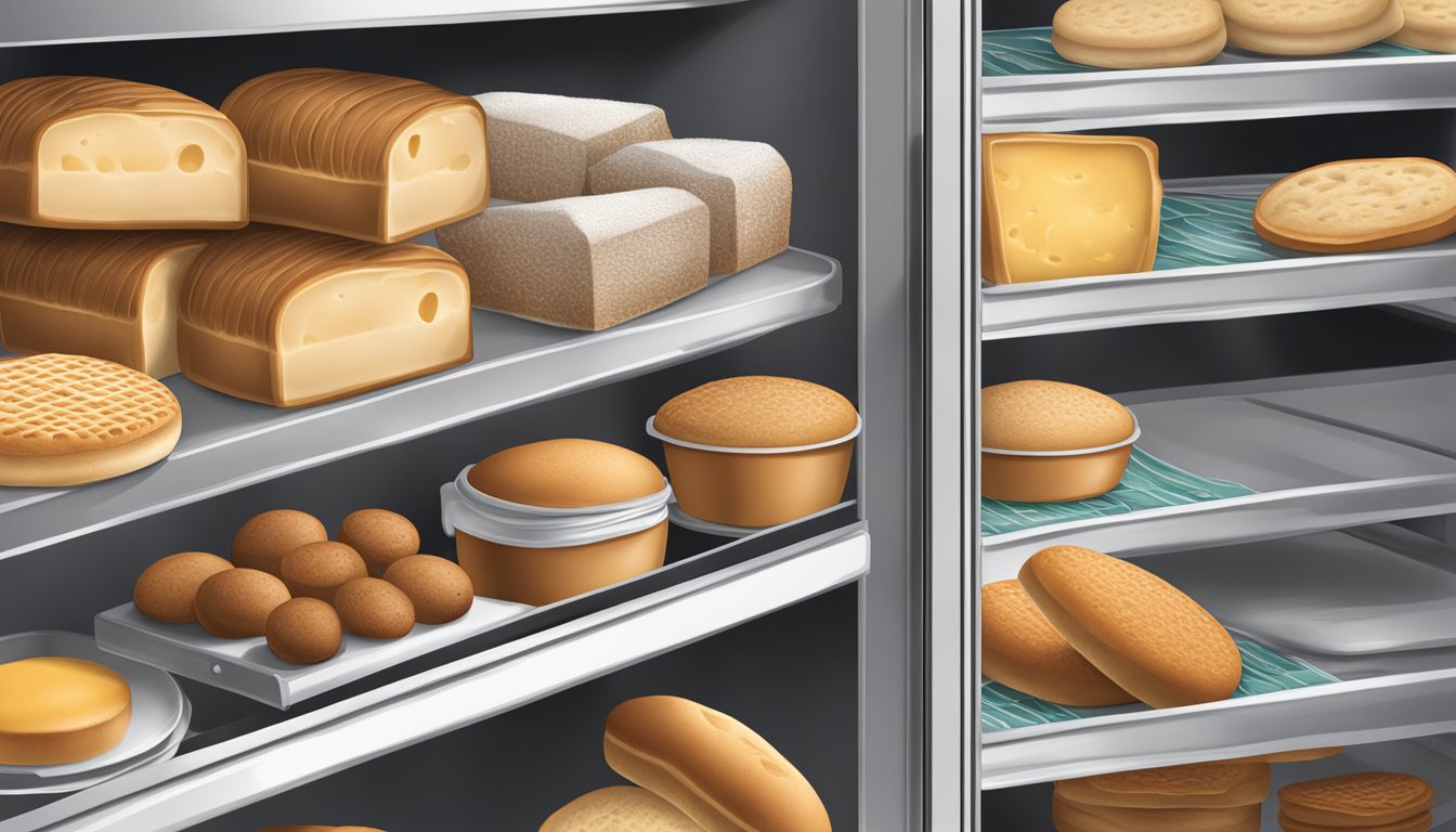 An open refrigerator with a package of English muffins placed on a shelf, alongside other food items