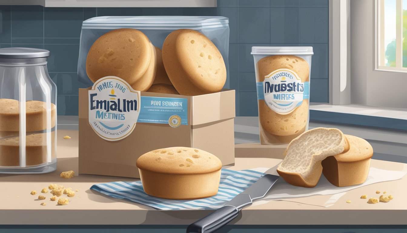 An open package of English muffins sits on a kitchen counter next to a refrigerator. The muffins are surrounded by a few crumbs and a knife