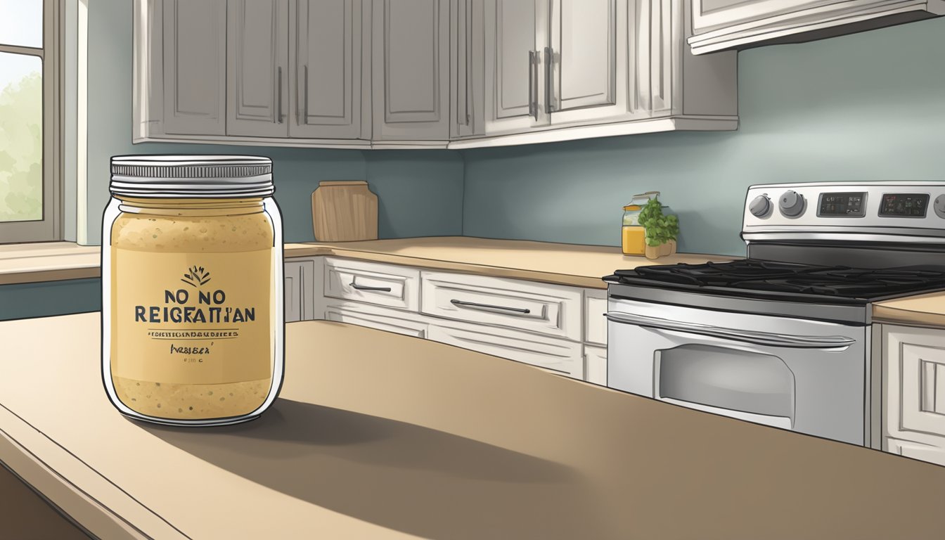 A jar of hummus sits on a kitchen counter next to a refrigerator, with a label indicating "no refrigeration required."