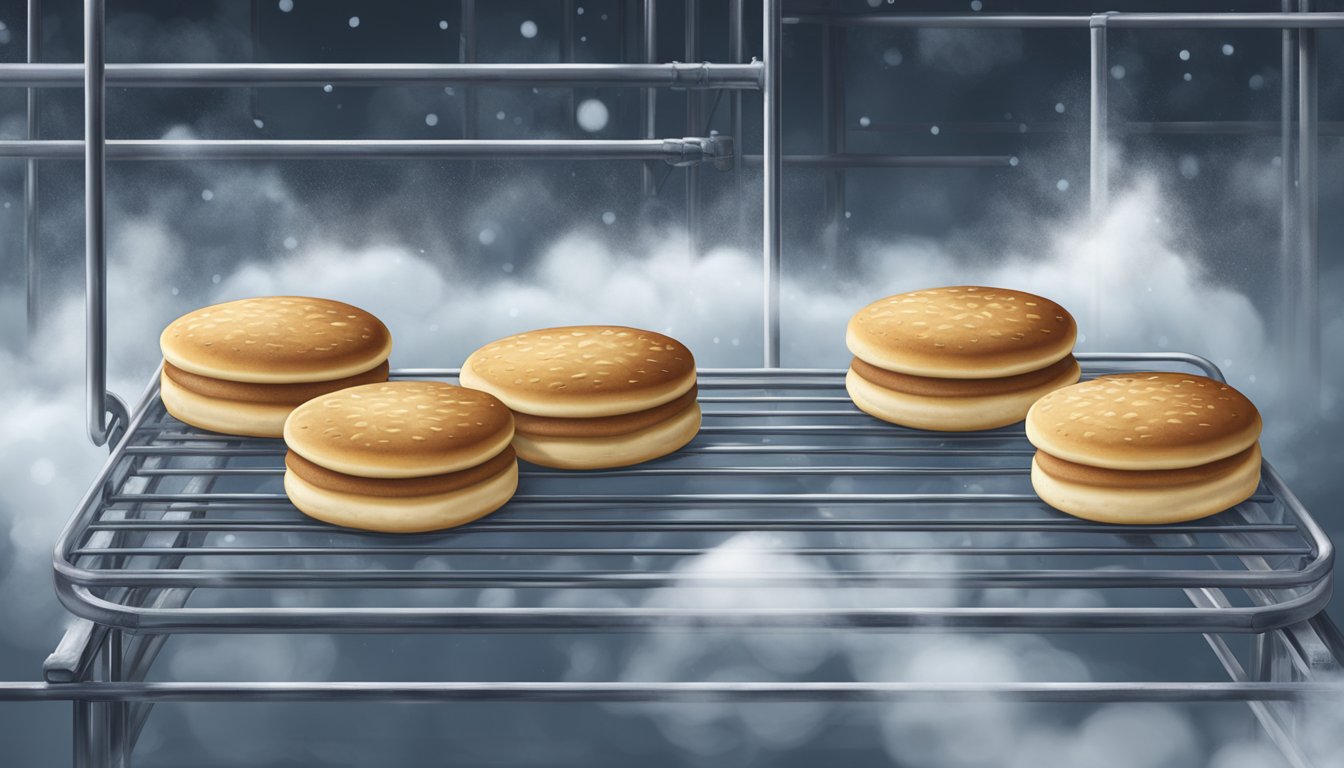 English muffins sitting on a wire rack, steam rising, surrounded by a cold, frosty atmosphere