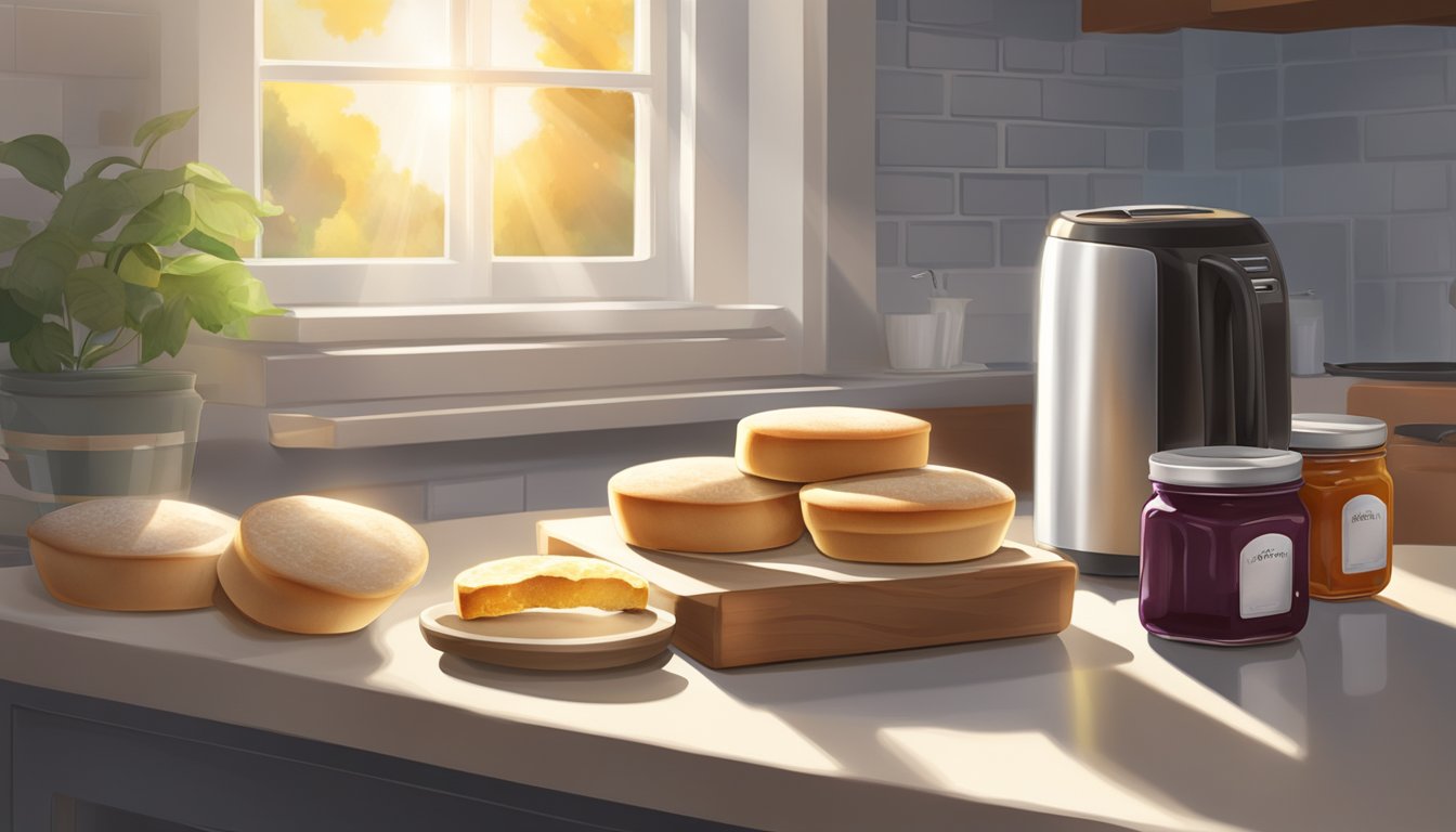 An open package of English muffins sits on a kitchen counter next to a toaster and a jar of jam, with a beam of sunlight streaming in through a nearby window