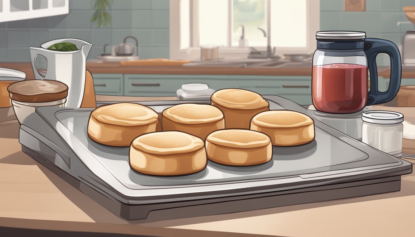 An open package of English muffins sits on a kitchen counter, next to a toaster and a jar of jam. A hand reaches for a muffin