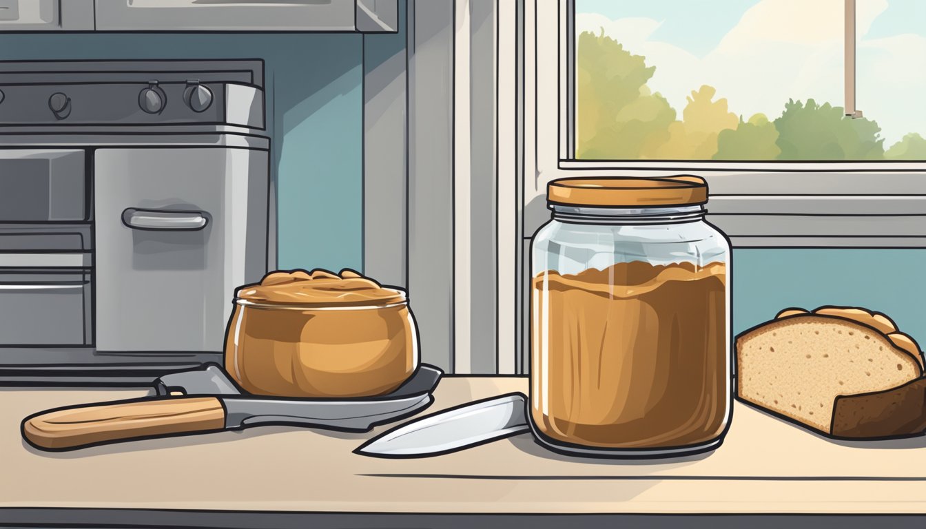 A jar of peanut butter sits on a kitchen counter next to a loaf of bread and a knife. The refrigerator door is open, with a question mark hovering above it