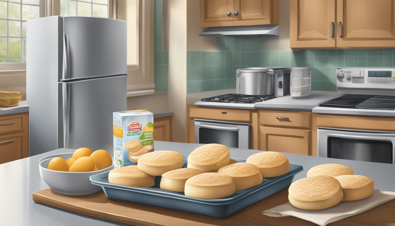 An open package of English muffins sitting on a kitchen counter, with a refrigerator in the background