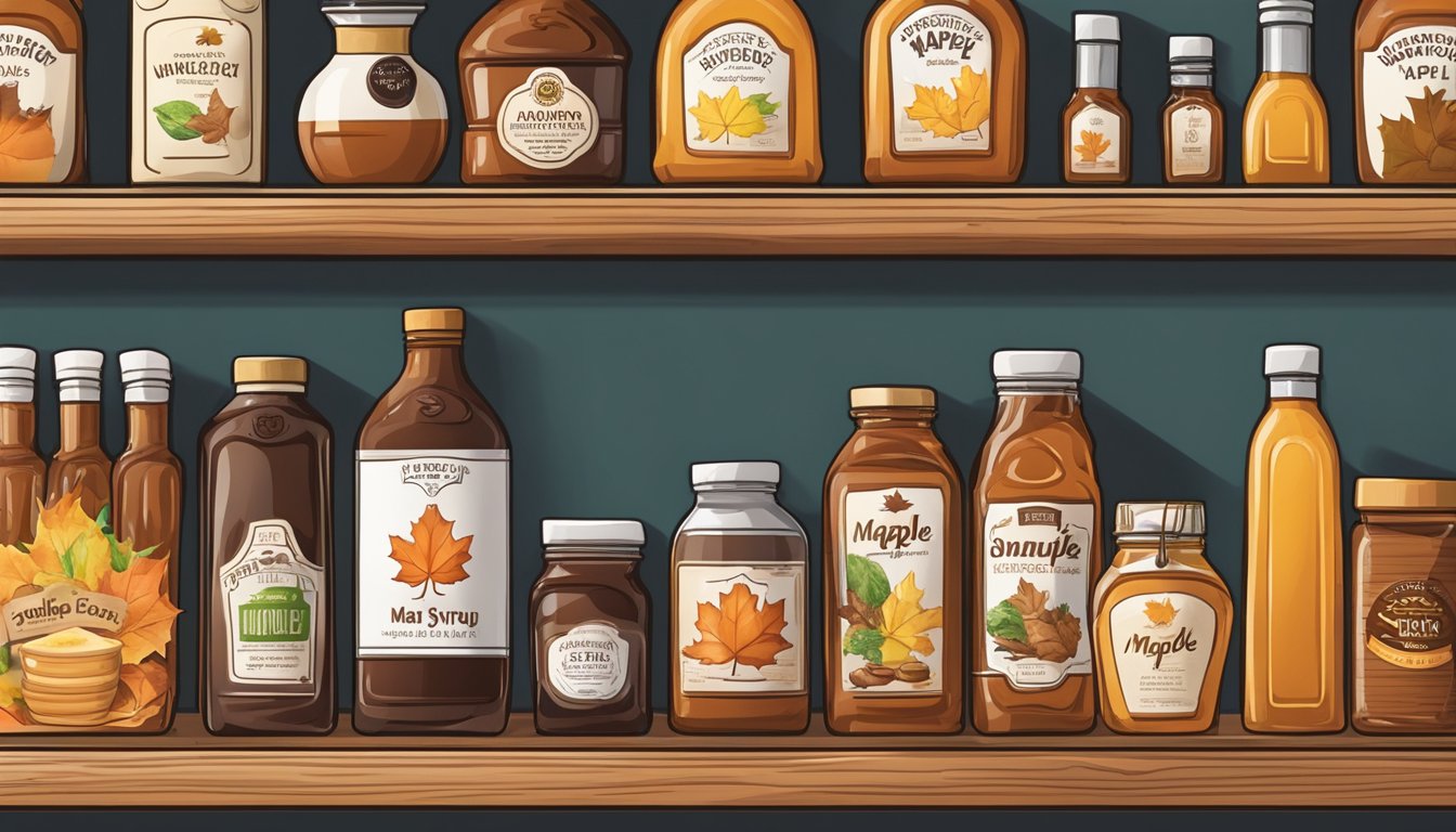 A bottle of unopened maple syrup sits on a pantry shelf, surrounded by other condiments and food items