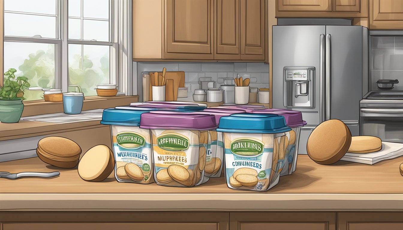 A package of English muffins sits on a kitchen counter next to a refrigerator. The muffins are unwrapped and ready to be enjoyed