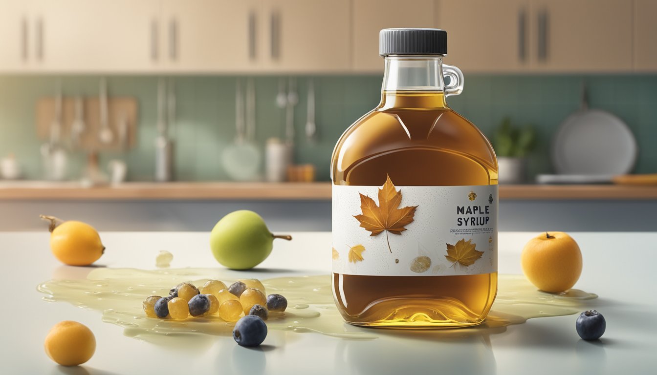 A bottle of maple syrup sits on a kitchen counter, surrounded by small fruit flies and with a moldy film forming on the surface