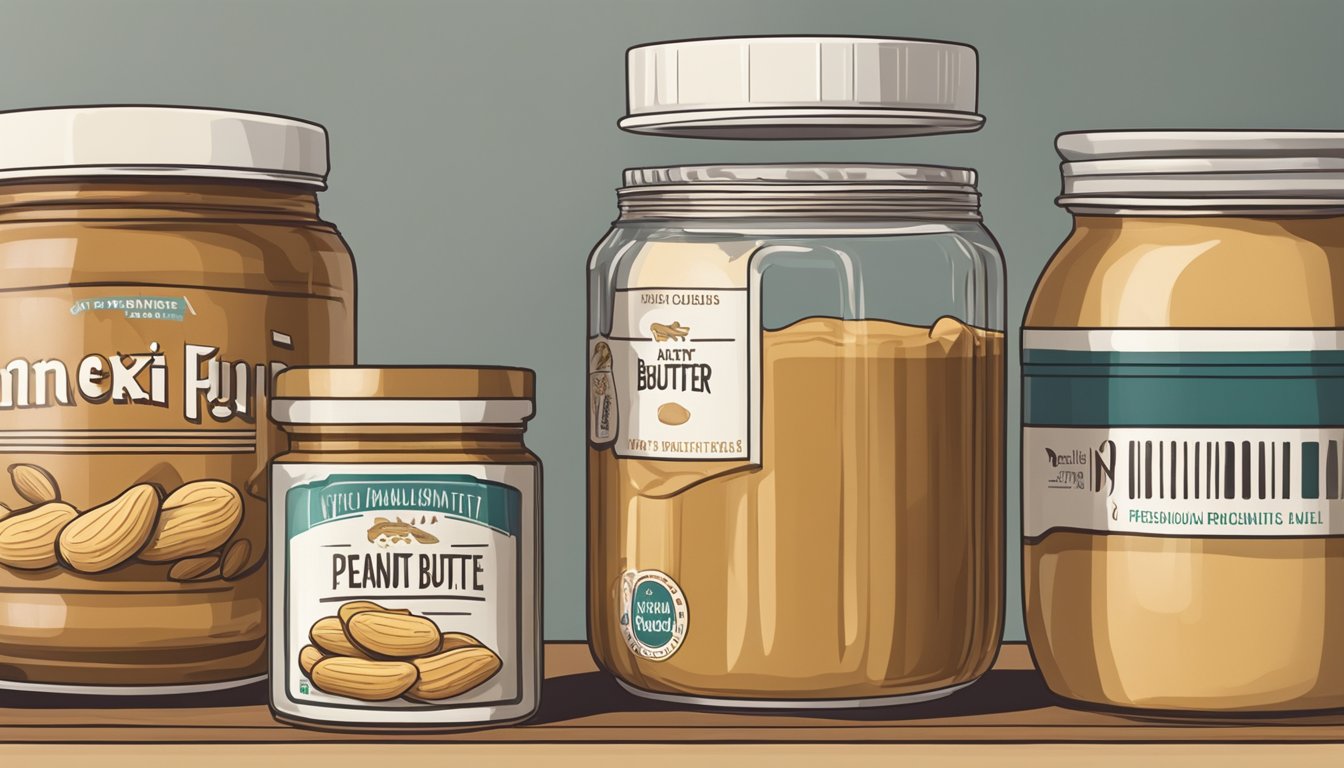 A jar of peanut butter sits on a kitchen shelf, next to other non-perishable items. The lid is tightly closed, and the label indicates the product does not require refrigeration