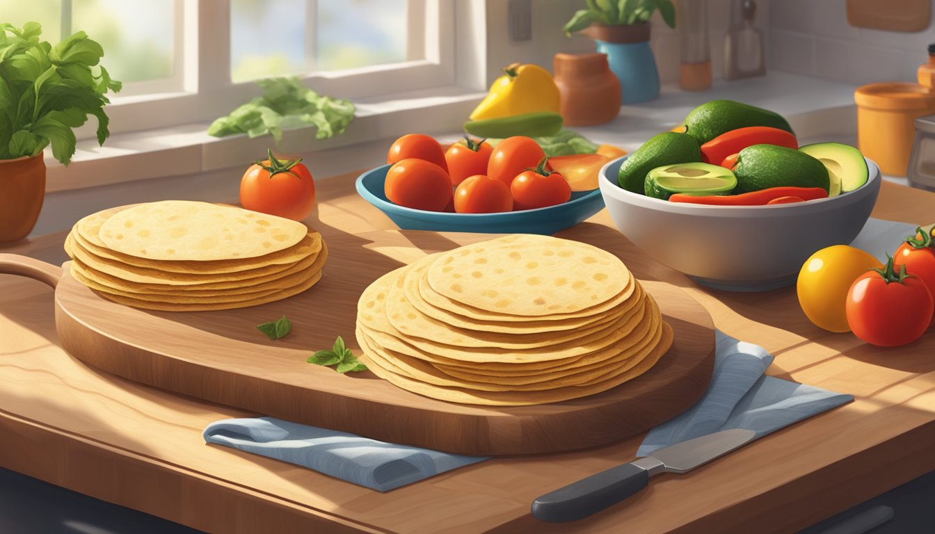 A stack of tortillas sits on a wooden cutting board, surrounded by colorful ingredients like tomatoes, peppers, and avocados. The kitchen is warm and inviting, with sunlight streaming through the window