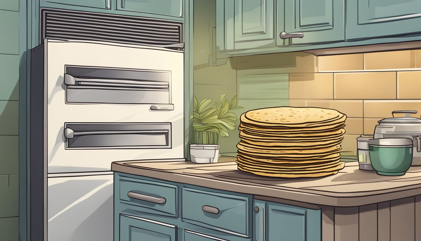 A stack of tortillas sits on a kitchen counter next to an open refrigerator. The door is slightly ajar, with a cool mist escaping from inside