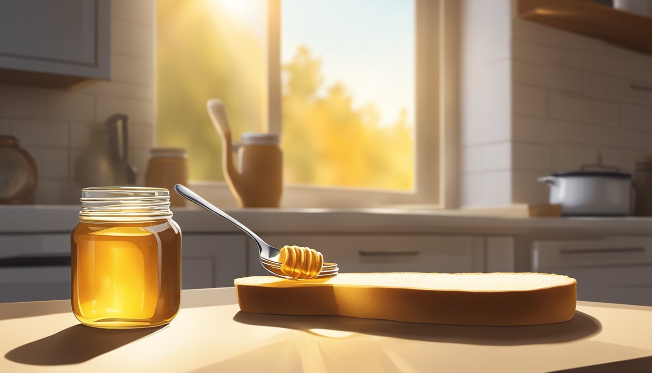 A jar of honey sits on a kitchen counter next to a spoon and a slice of bread. The sunlight streams through the window, casting a warm glow on the scene