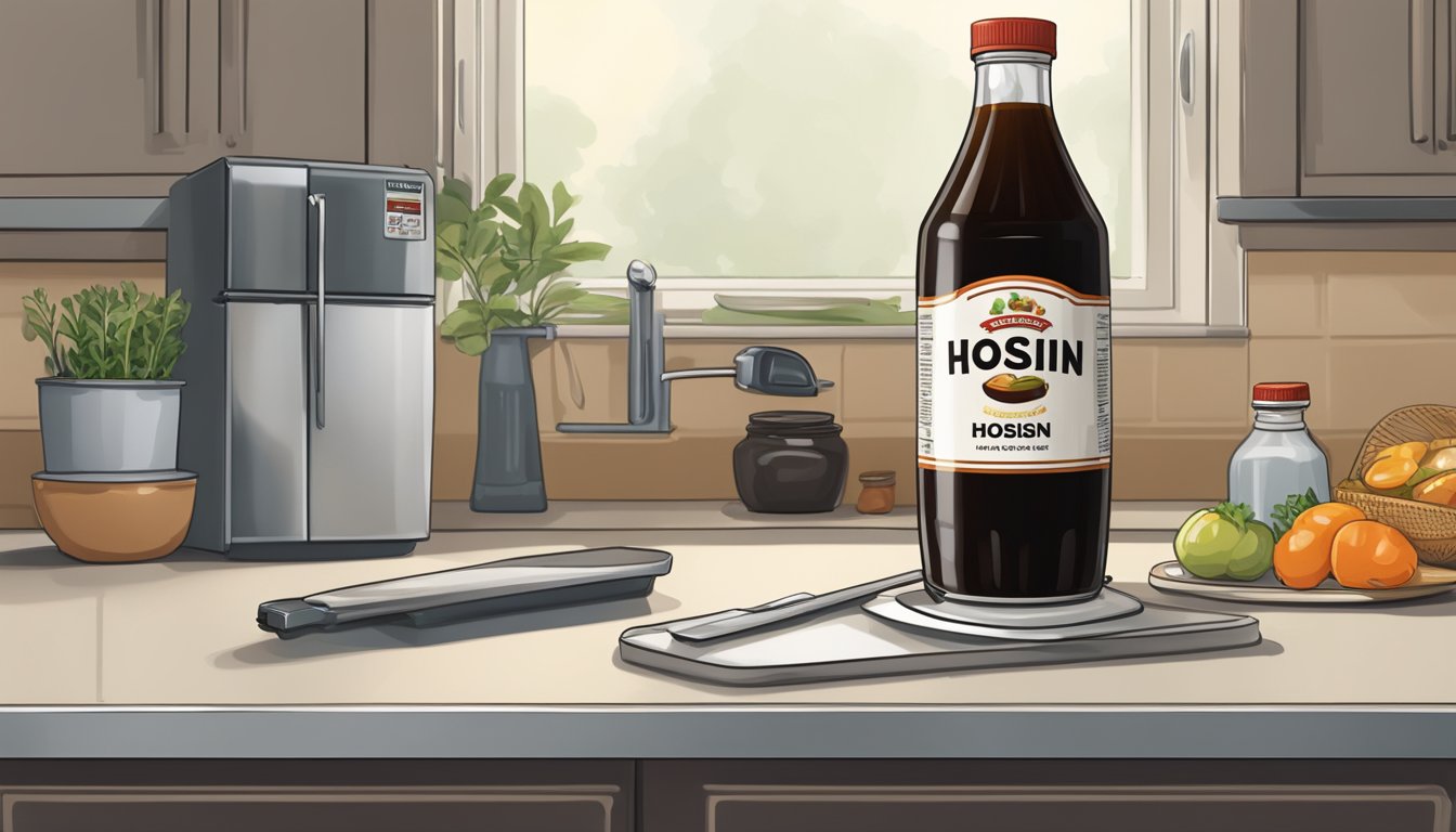 A bottle of hoisin sauce sits on a kitchen counter next to a refrigerator, with the door slightly ajar