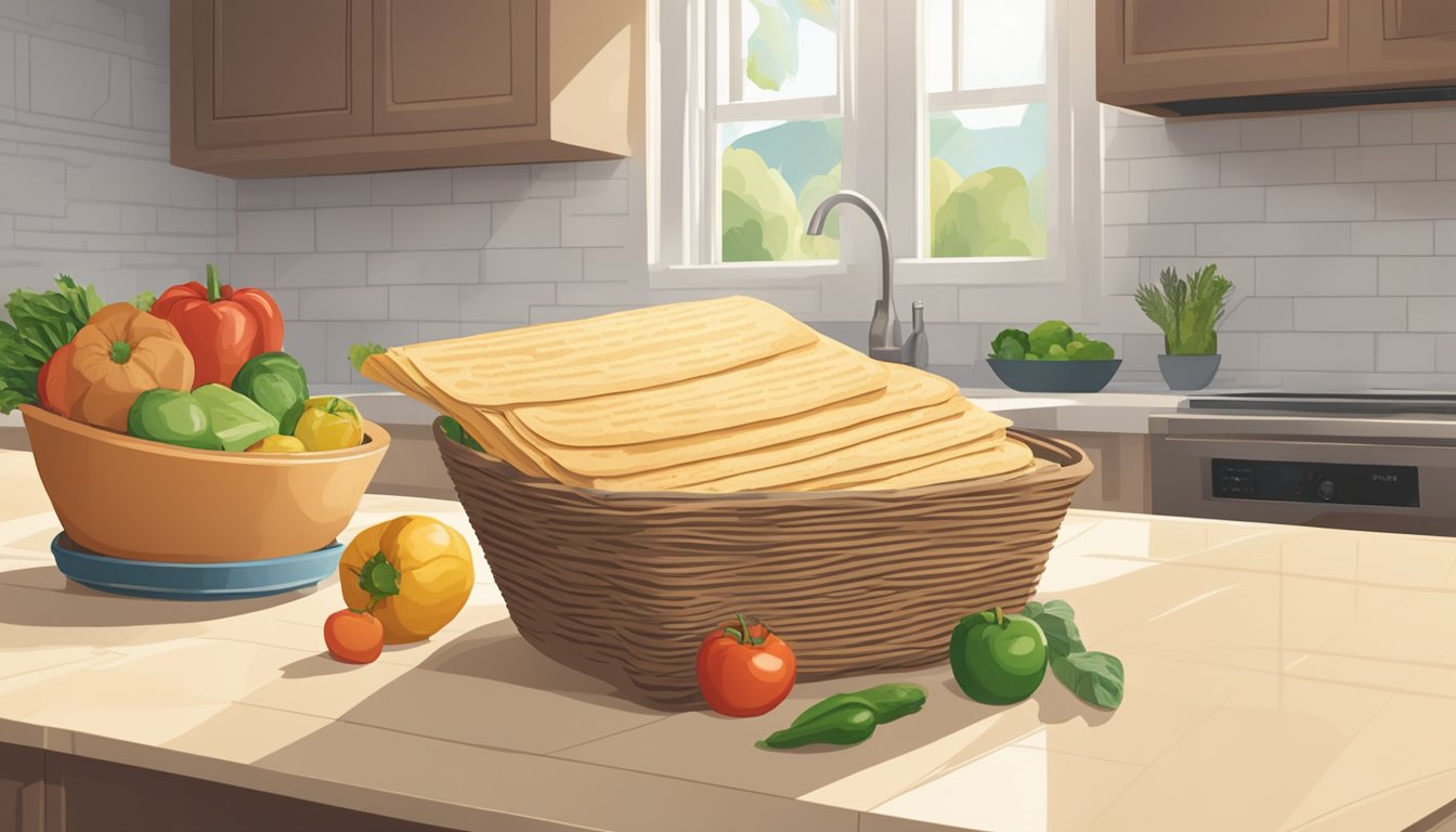 A pack of tortillas sits on a clean, dry countertop next to a basket of fresh produce. The kitchen is well-lit and organized, with no signs of spoilage or mold