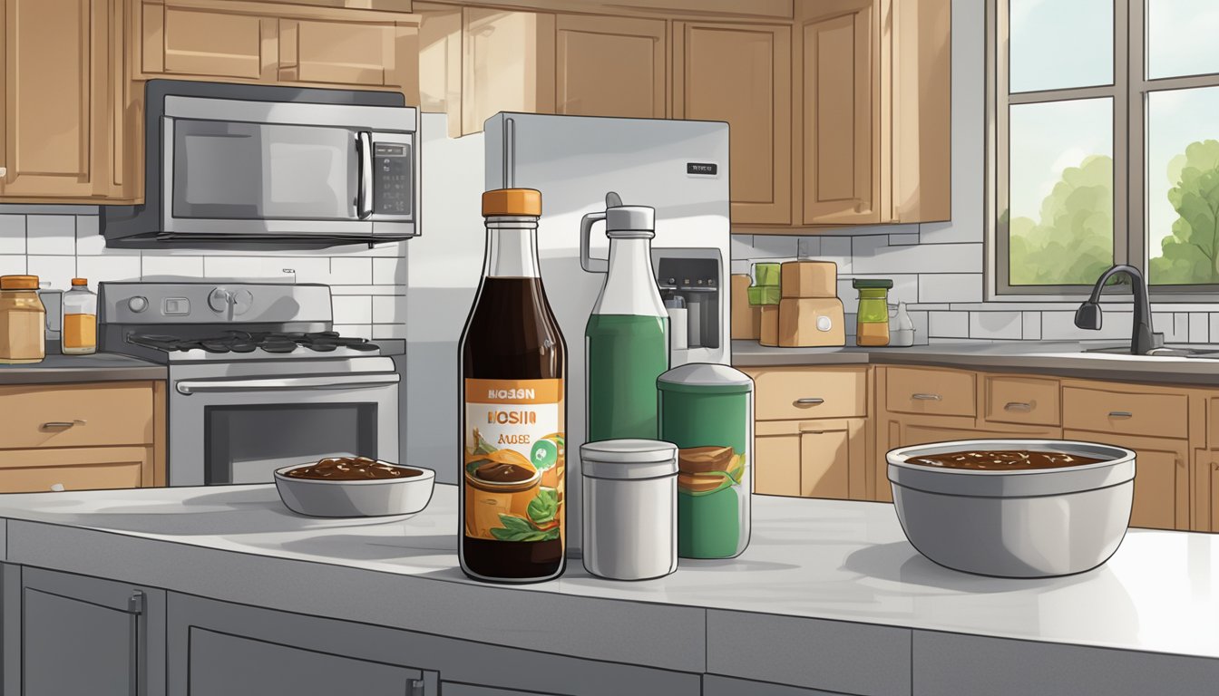 An open bottle of hoisin sauce sits on a kitchen counter next to a stack of clean, empty jars. A refrigerator is visible in the background